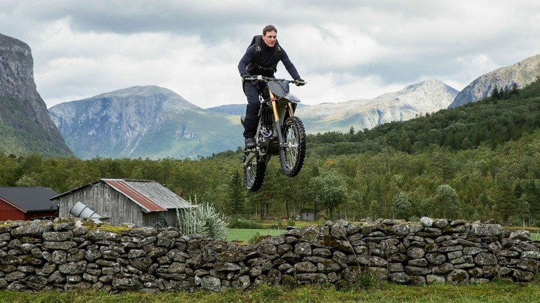 Ethan Hunt leaping on a motorcycle