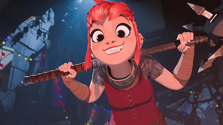 Nimona smiling with mace