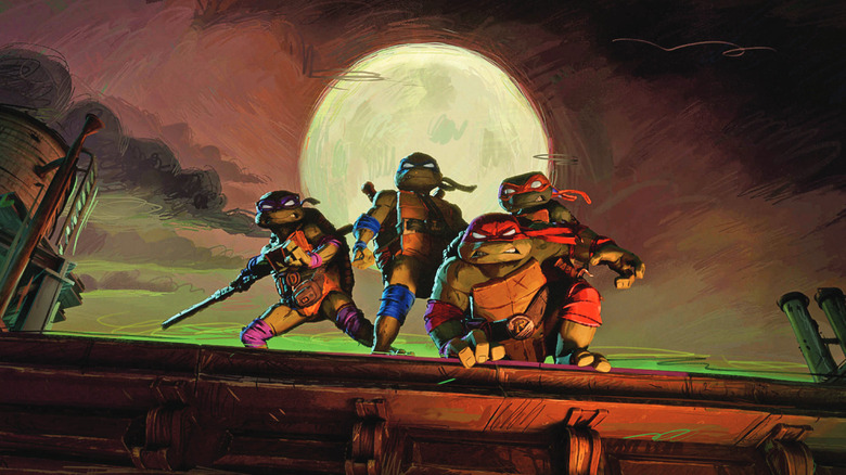 The Ninja Turtles standing on a roof