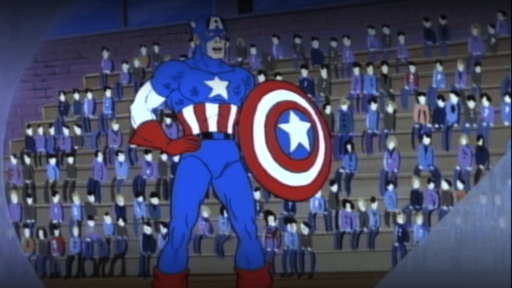 Captain America beside bleachers