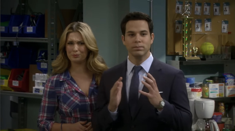 Briga Heelan and Skylar Astin in "Ground Floor"