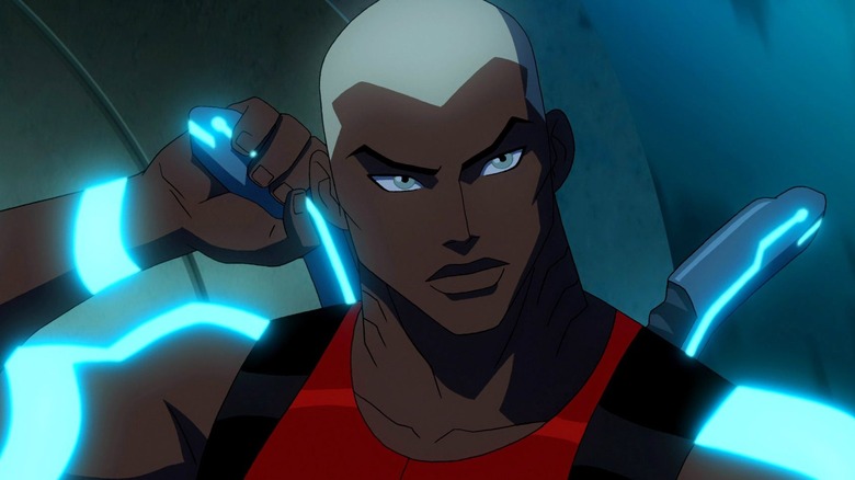 Aqualad preparing to pull out his weapon with menacing intent