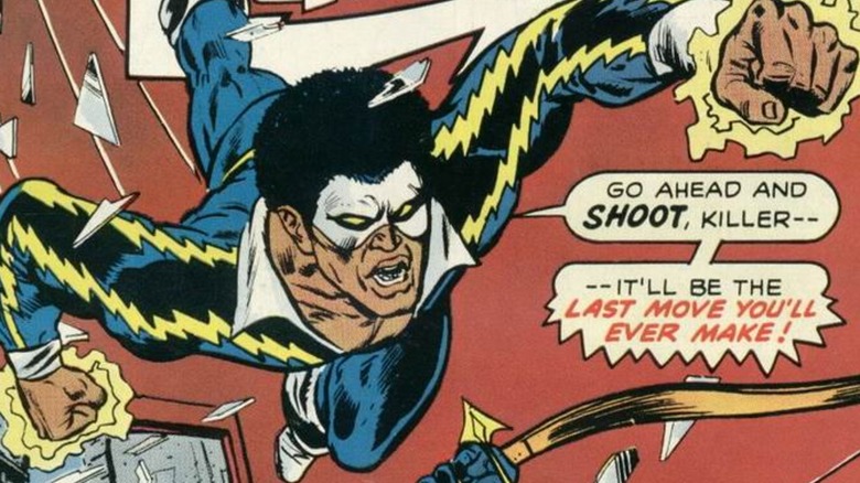 Black Lightning engaging an archer in Black Lightning #2's cover art