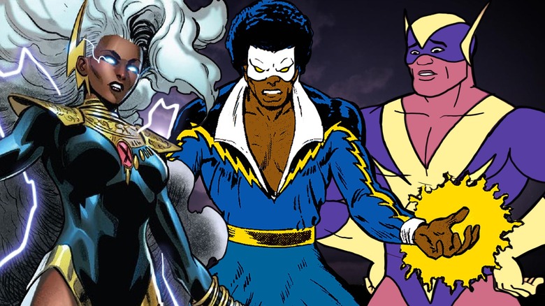 Composite image of Storm, Black Lightning, and Black Vulcan standing together before a darkened, cloudy sky