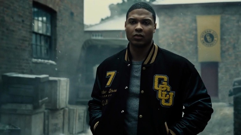 Victor Stone walking in letterman jacket