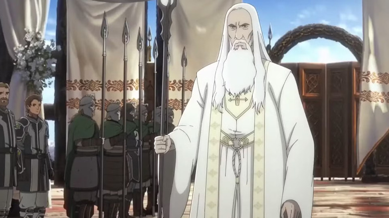 Saruman at Meduseld with soldiers behind him in "The Lord of the Rings: The War of the Rohirrim" (2024)