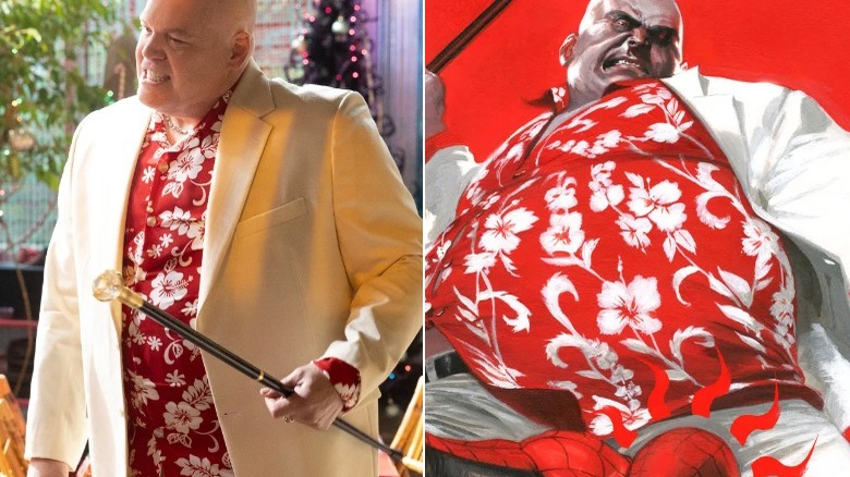 Kingpin wearing floral shirt and holding a cane