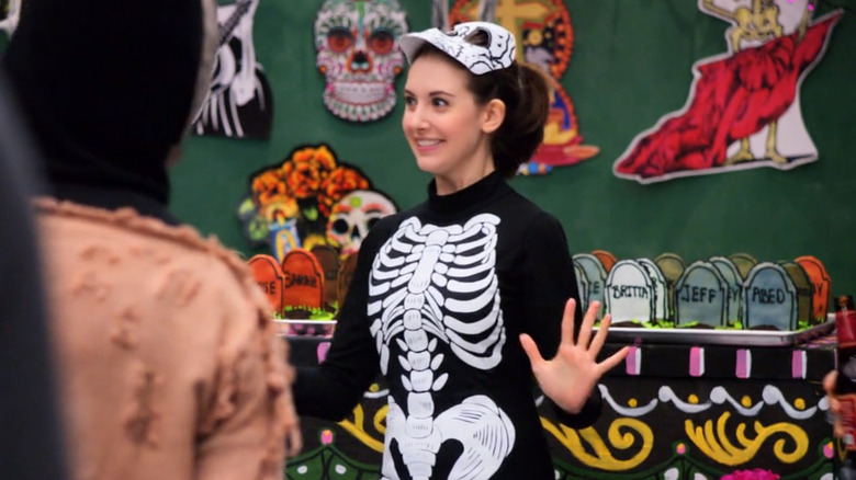 Annie Edison wearing skeleton costume