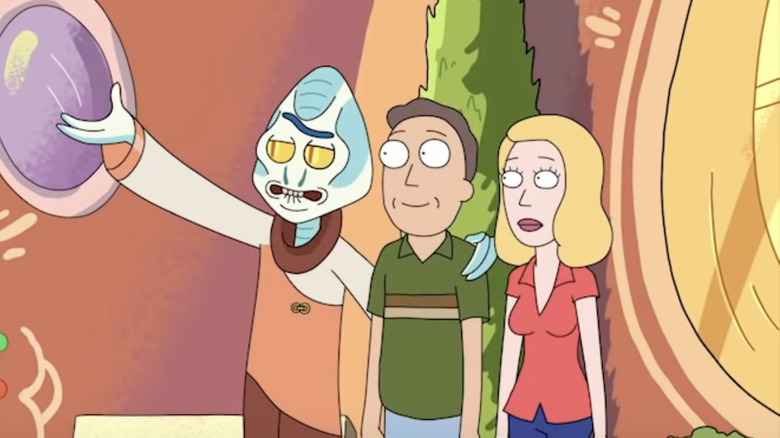 Jim Rash as an alien standing beside Jerry and Beth in Rick and Morty