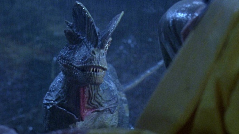 Dilophosaurus stalking Dennis Nedry