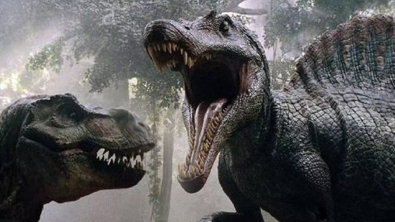 A Spinosaurus fighting a T-rex in Jurassic Park 3