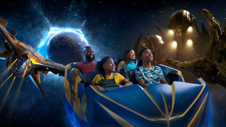 Concept image of a family riding the Guardians of the Galaxy: Cosmic Rewind at Disneyworld