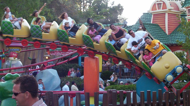 People riding on Gadget's Go Coaster at Disneyland - Cropped