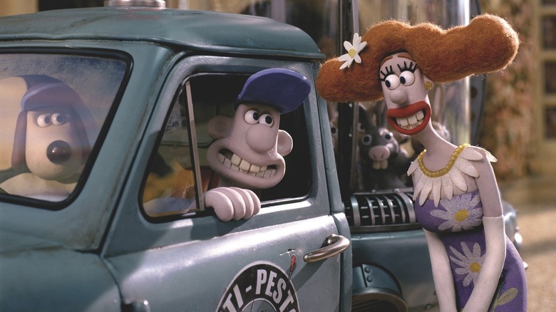 Wallace and Gromit talking to Lady Tottington