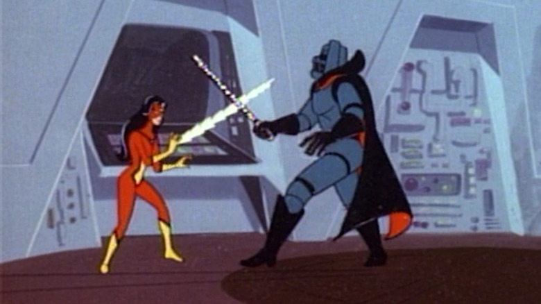 Spider-Woman fights Graviton with lightsaber