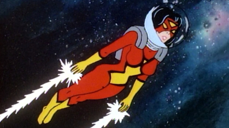 Spider-Woman flying through space