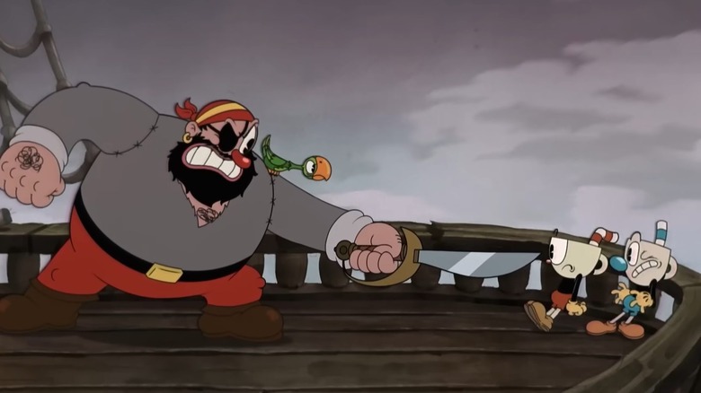 Brineybeard confronting Cuphead and Mugman