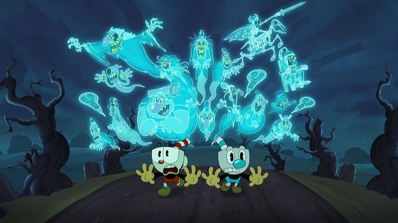 Cuphead and Mugman running from ghosts