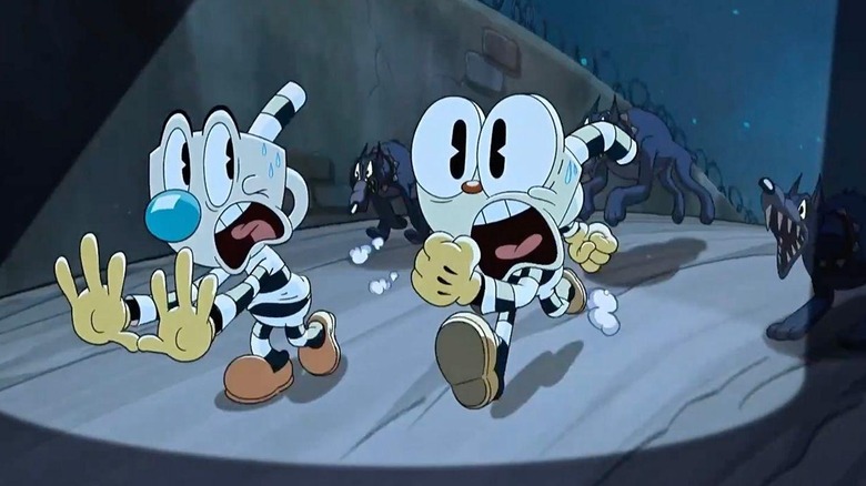 Cuphead and Mugman trying to escape jail