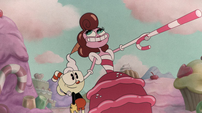 Baroness Von Bon Bon taking Cuphead around Sugarland