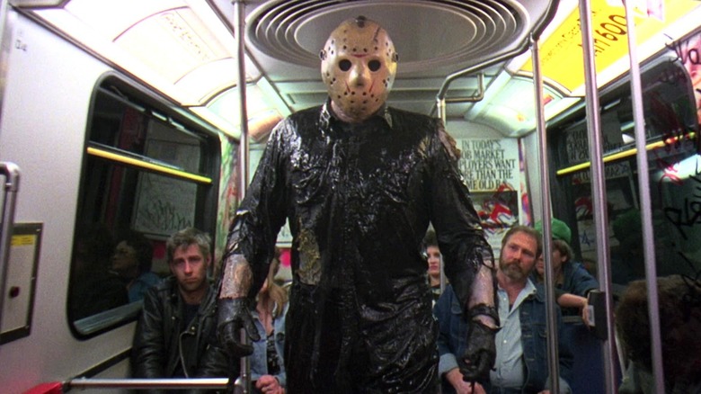 Jason Voorhees marching down subway car in Friday the 13th VIII: Jason Takes Manhattan (1989)