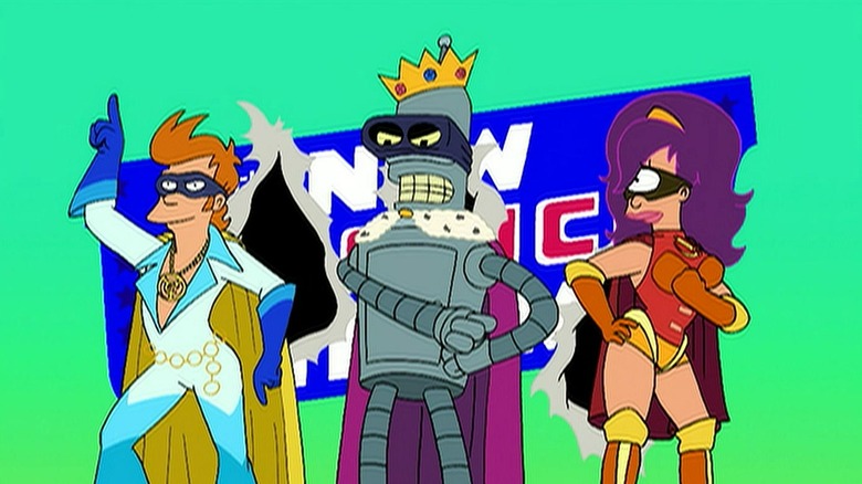 Fry, Bender, and Leela being superheroes 