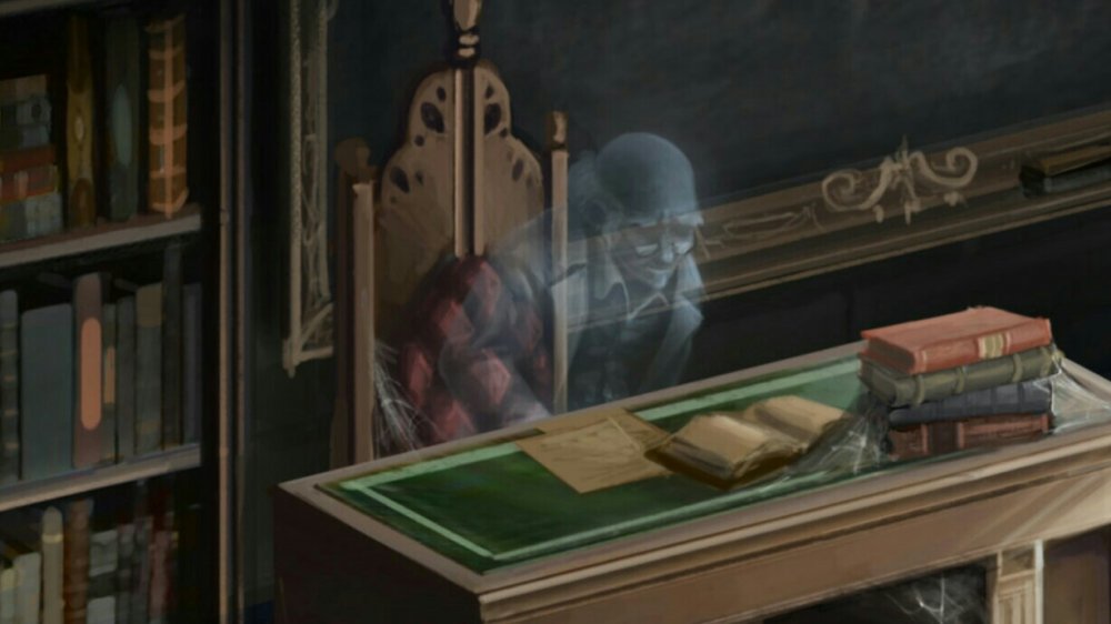 Professor Cuthbert Binns in the classroom from the Harry Potter series