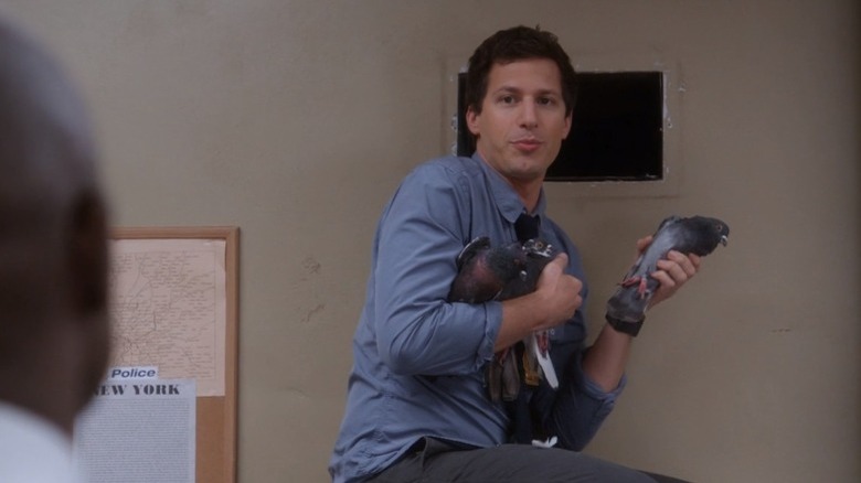 Jake Peralta holds pigeons