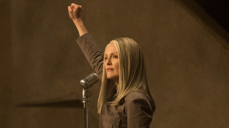 President Alma Coin pumps her fist in "The Hunger Games: Mockingjay -- Part 1" (2014)