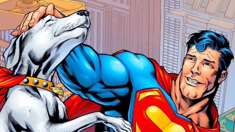 Superman pets Krypto as they fly high over Metropolis