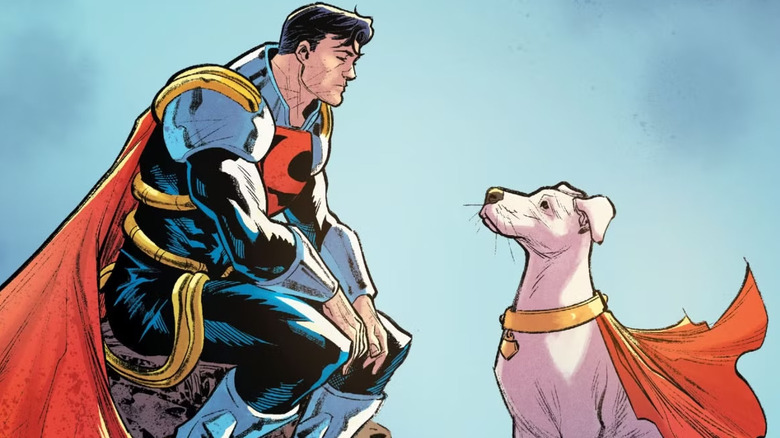 Superboy Prime sitting to talk to Krypto