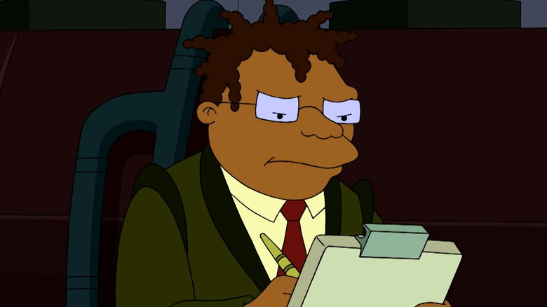 Hermes Conrad examining clipboard