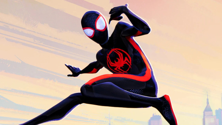 Miles Morales slinging over New York