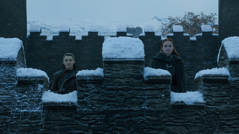 Arya and Sansa on Winterfell's castle walls