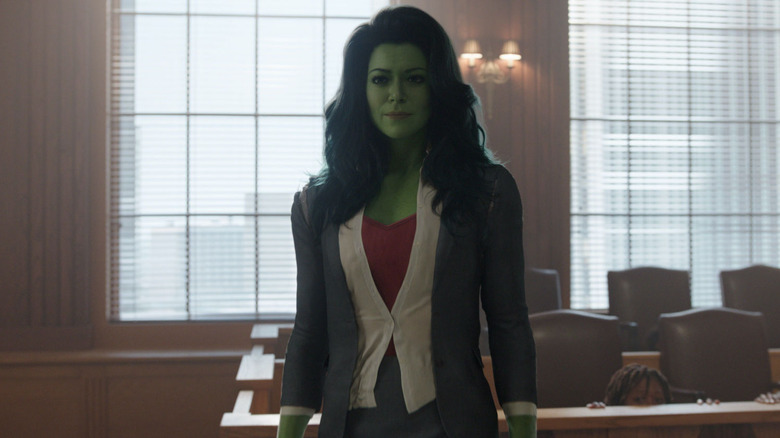 She-Hulk in front of a courtroom