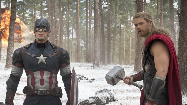 Chris Evans and Chris Hemsworth preparing for battle