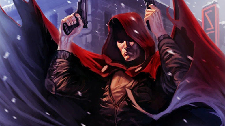 Hood holding a pair of guns