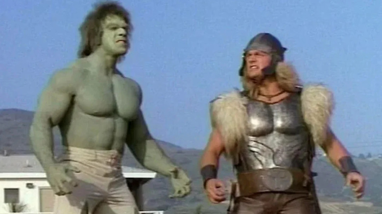 Thor and Hulk stand on a hilly landscape in "The Incredible Hulk Returns" (1988)