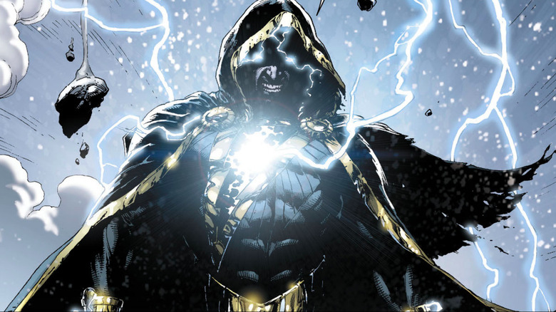 Lightning emanates from Black Adam's insignia