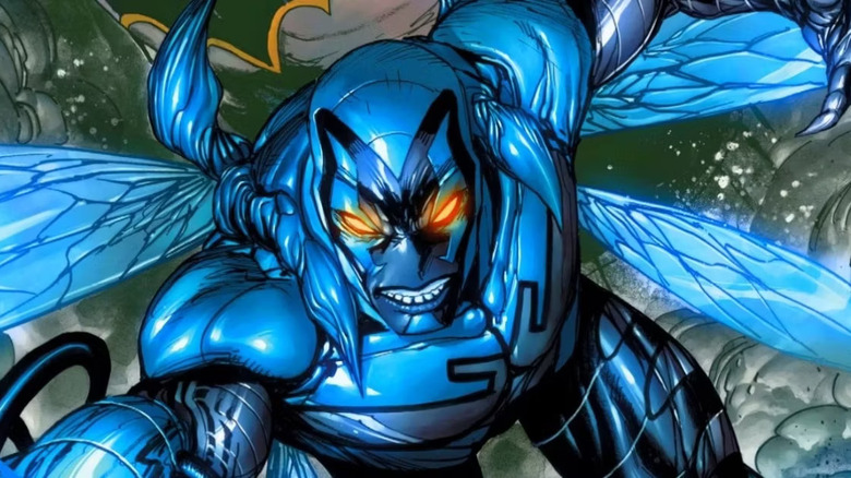 Blue Beetle flying into battle