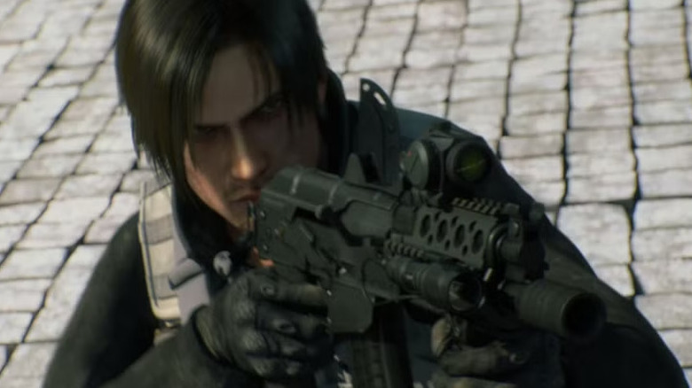 Leon pointing a machine gun