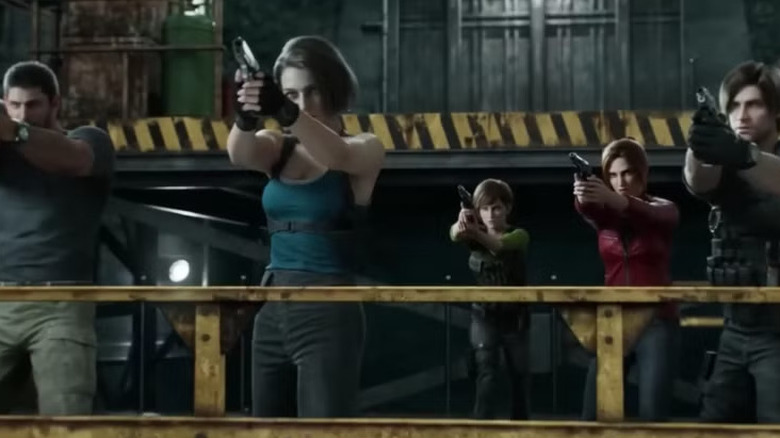 Chris, Jill, Rebecca, Claire, and Leon pointing guns