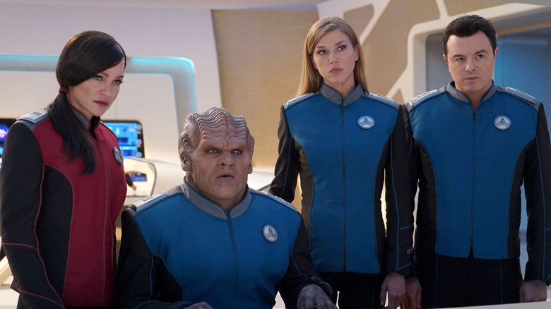 Cast of The Orville looking at screen