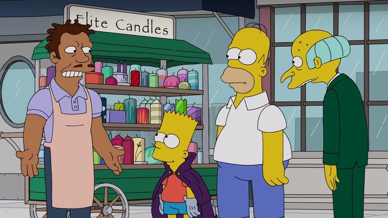 Bart and Homer having a conversation at a candle cart