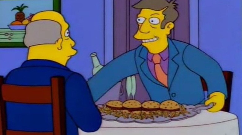 Seymour Skinner presents Superintendent Chalmers with "steamed hams"