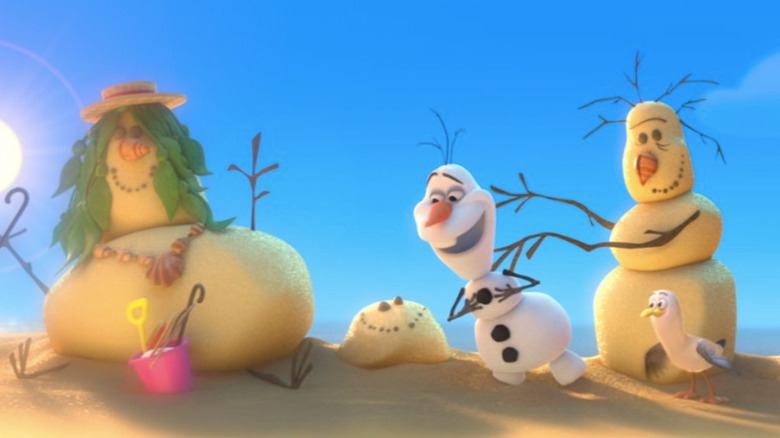 Olaf dancing with a seagull and sandpeople on a beach