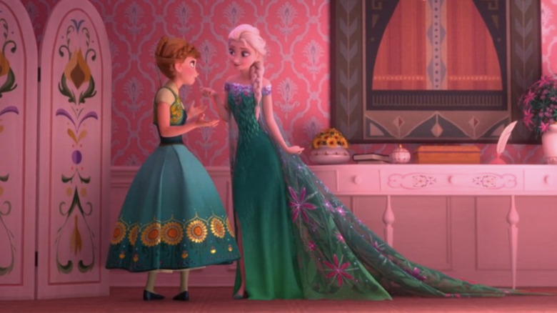 Elsa surprising Anna with a summer dress