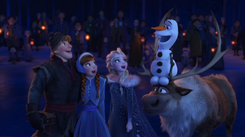 Kristoff, Anna, Elsa, Olaf, and Sven gathered together