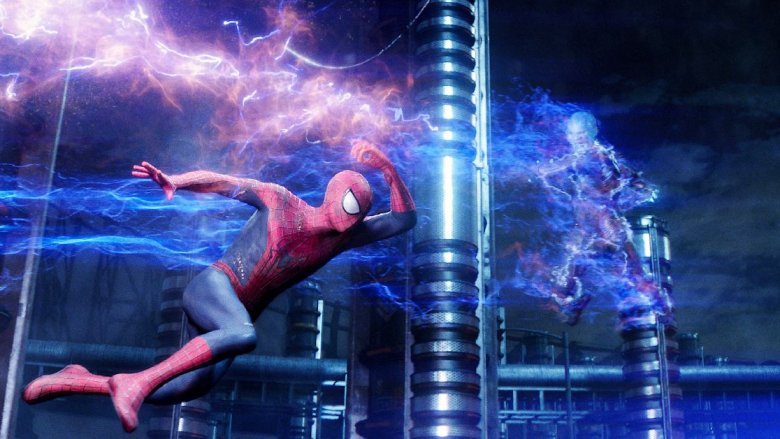 Spider-Man swinging past Electro