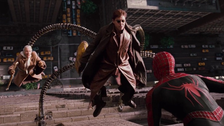 Spider-Man confronting Doc Ock with Aunt May